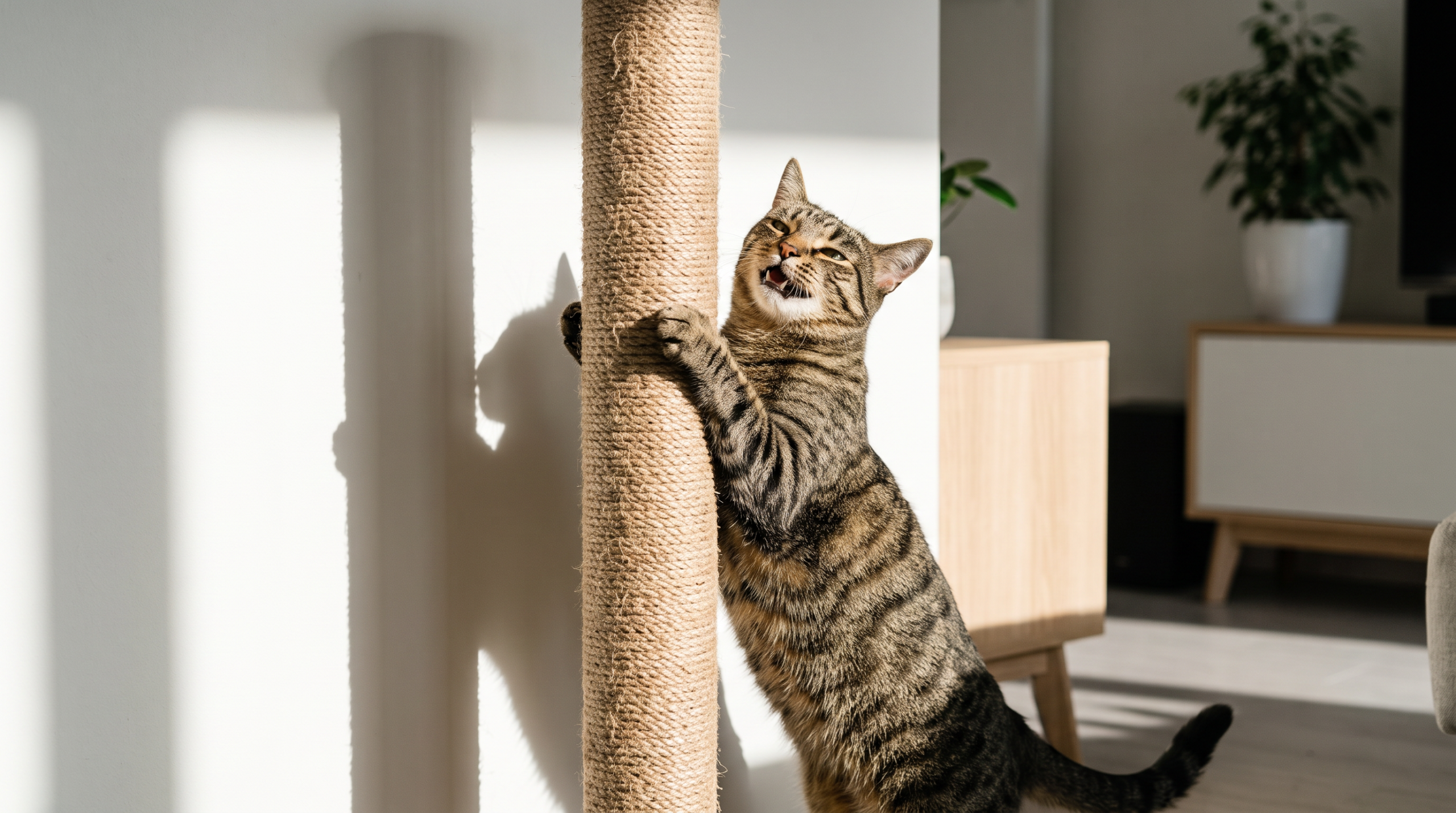 Gato arranhando um arranhador de sisal em casa, ajudando a escolher o melhor modelo