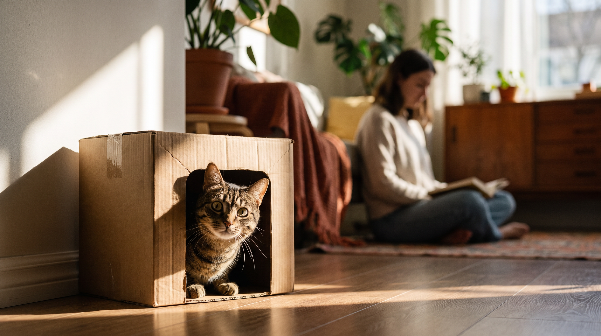 Gato adulto adotado explorando com cautela o novo lar durante o período de adaptaçãoGato adulto adotado explorando com cautela o novo lar durante o período de adaptação