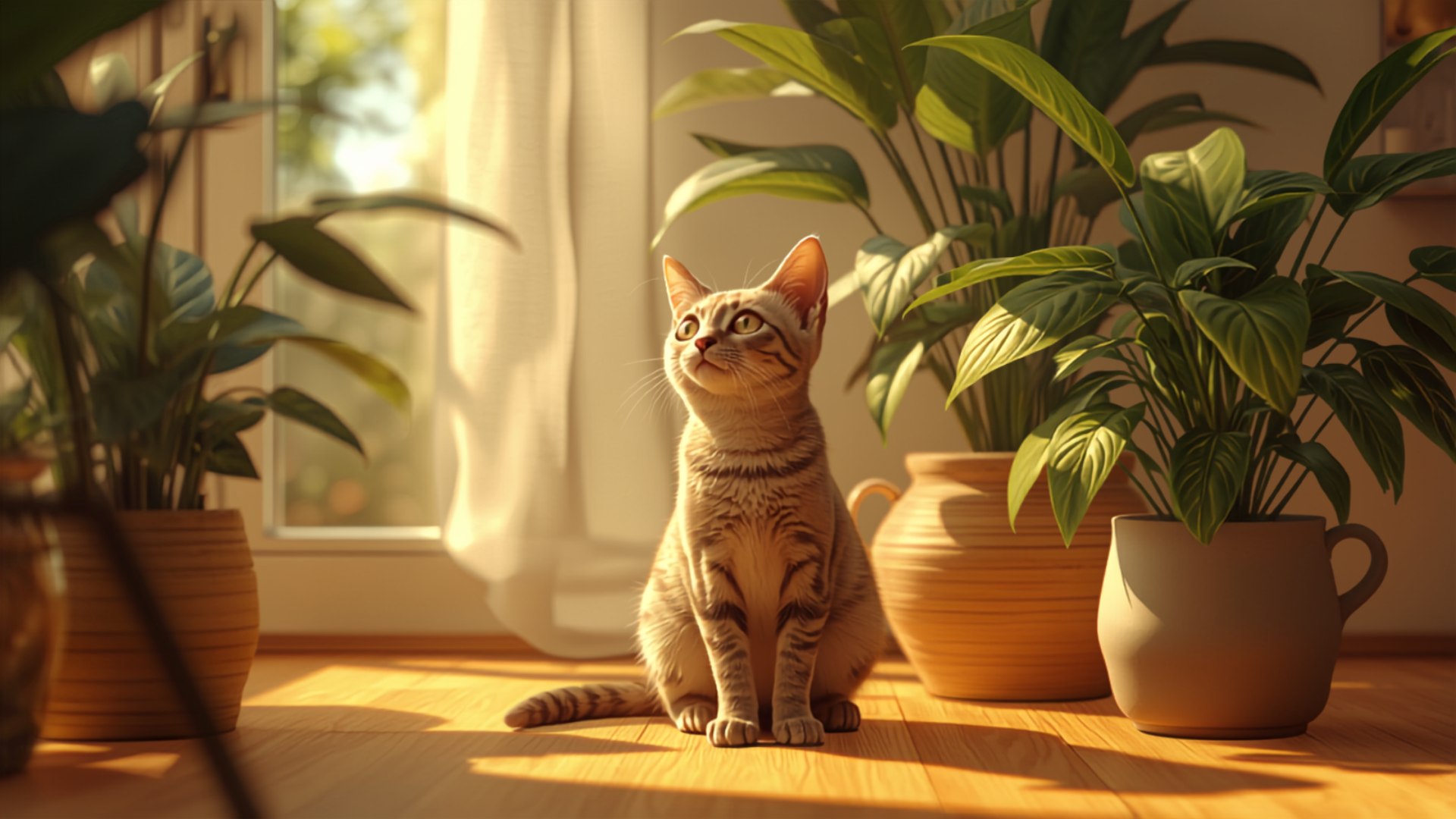 Gato curioso observando plantas domésticas em ambiente residencial, alerta sobre plantas tóxicas para felinos